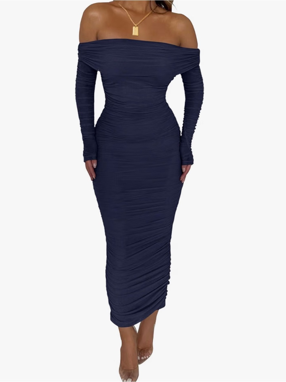 Off-Shoulder Long Sleeve Navy Bodycon Dress